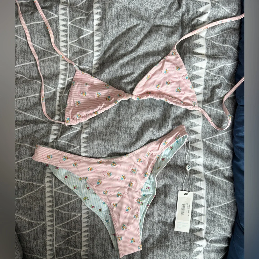 Frankie's Bikinis Reversible, Pink and Mint Floral Set